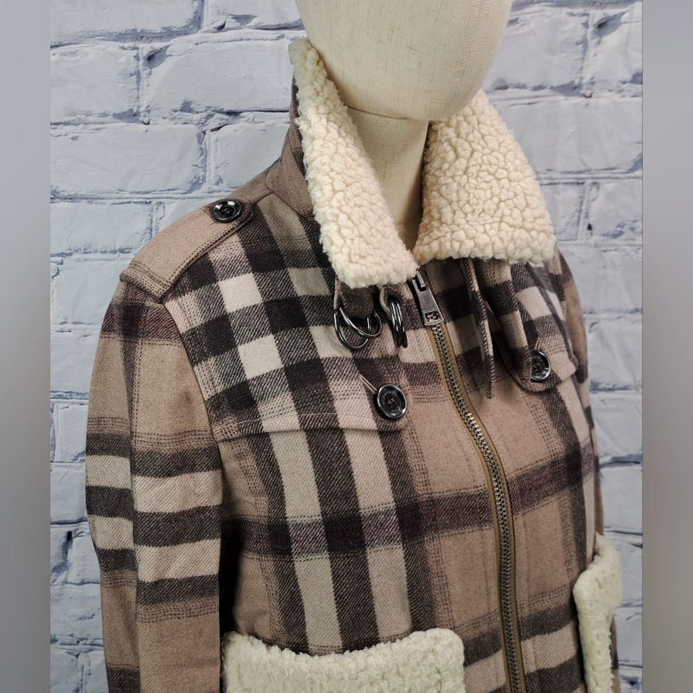 Burberry Brit Women's Wool Jacket Nova Check Faux Shearling Winter Bomber 6 US - Picture 3 of 15